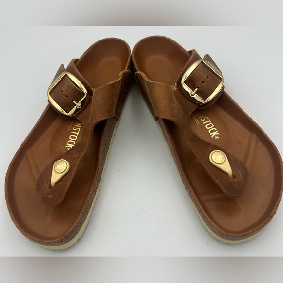 Birkenstock Gizeh Womens Size 8 Cognac Leather Big Buckle Sandals EU 39 NEW - Picture 2 of 14